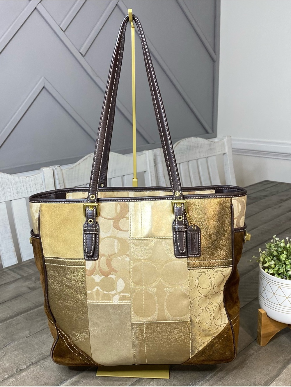 Vintage Coach Hampton Holiday Patchwork Tote Bag Brown Gold Canvas Suede Y2K